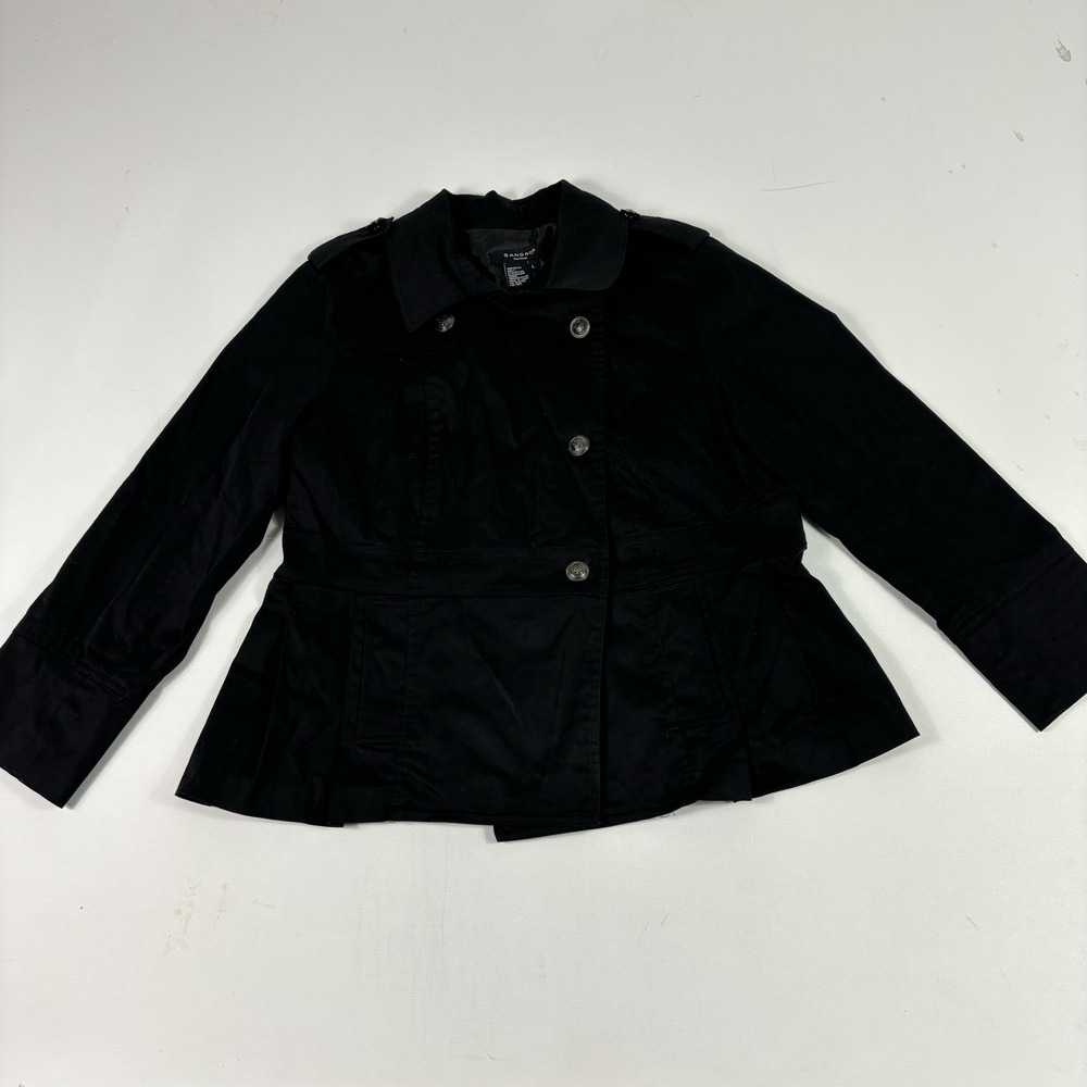 Sandro Jacket Womens Large Black Cotton Blend Short Pleated Trench Style Buttons